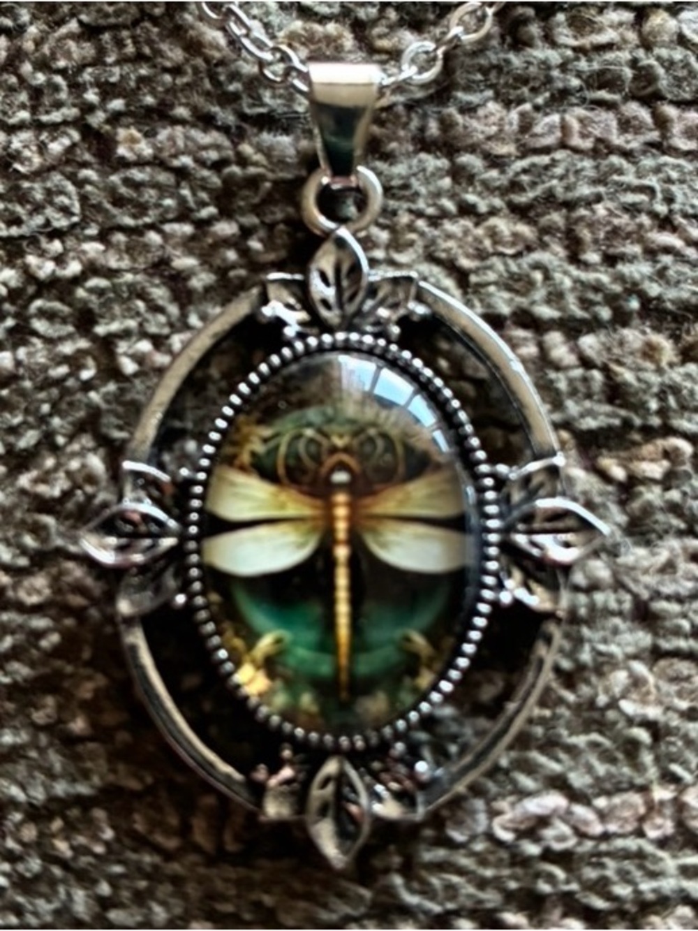 Silver Dragonfly Pendant Necklace in Green and Gold -7.7โ. Chain